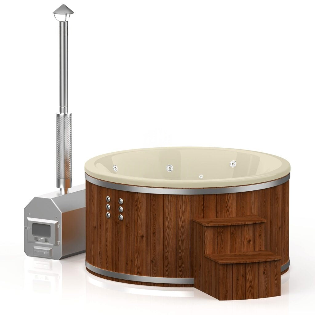 Runder Whirlpool aus Fiberglas (mit Außenheizung) – Verbranntes Holz