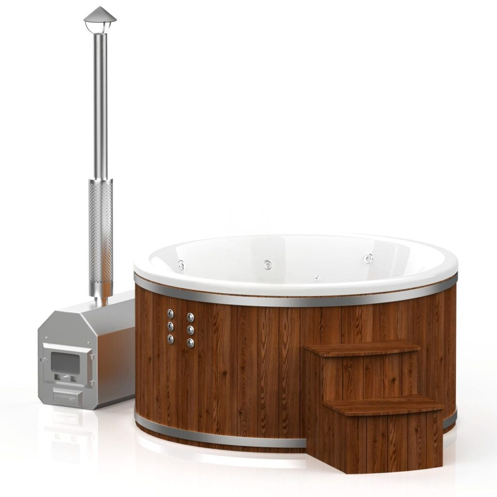 Runder Whirlpool aus Fiberglas (mit Außenheizung) – Verbranntes Holz