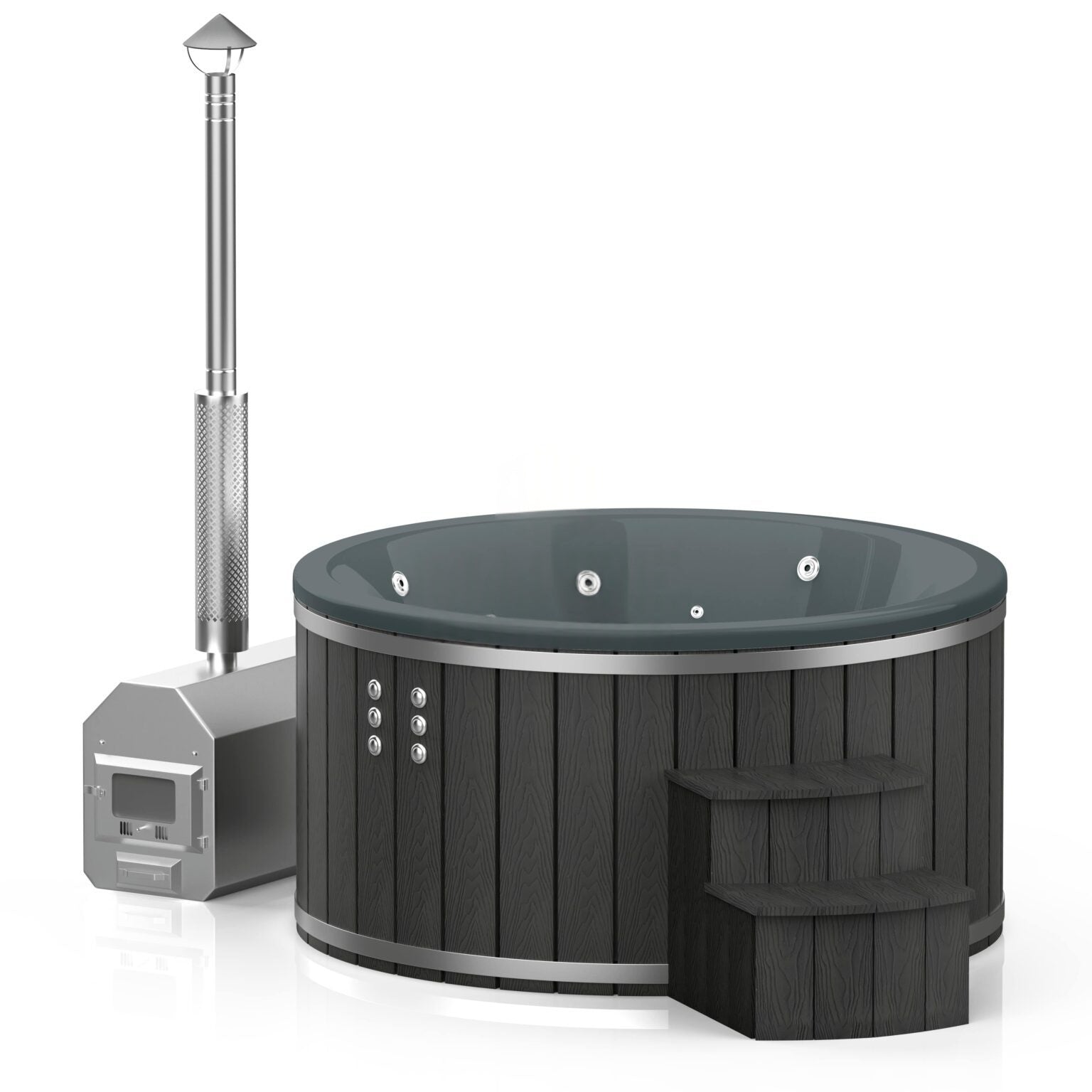 Runder Whirlpool aus Fiberglas (mit Außenheizung) – Verkleidung aus WPC-Kunststoff