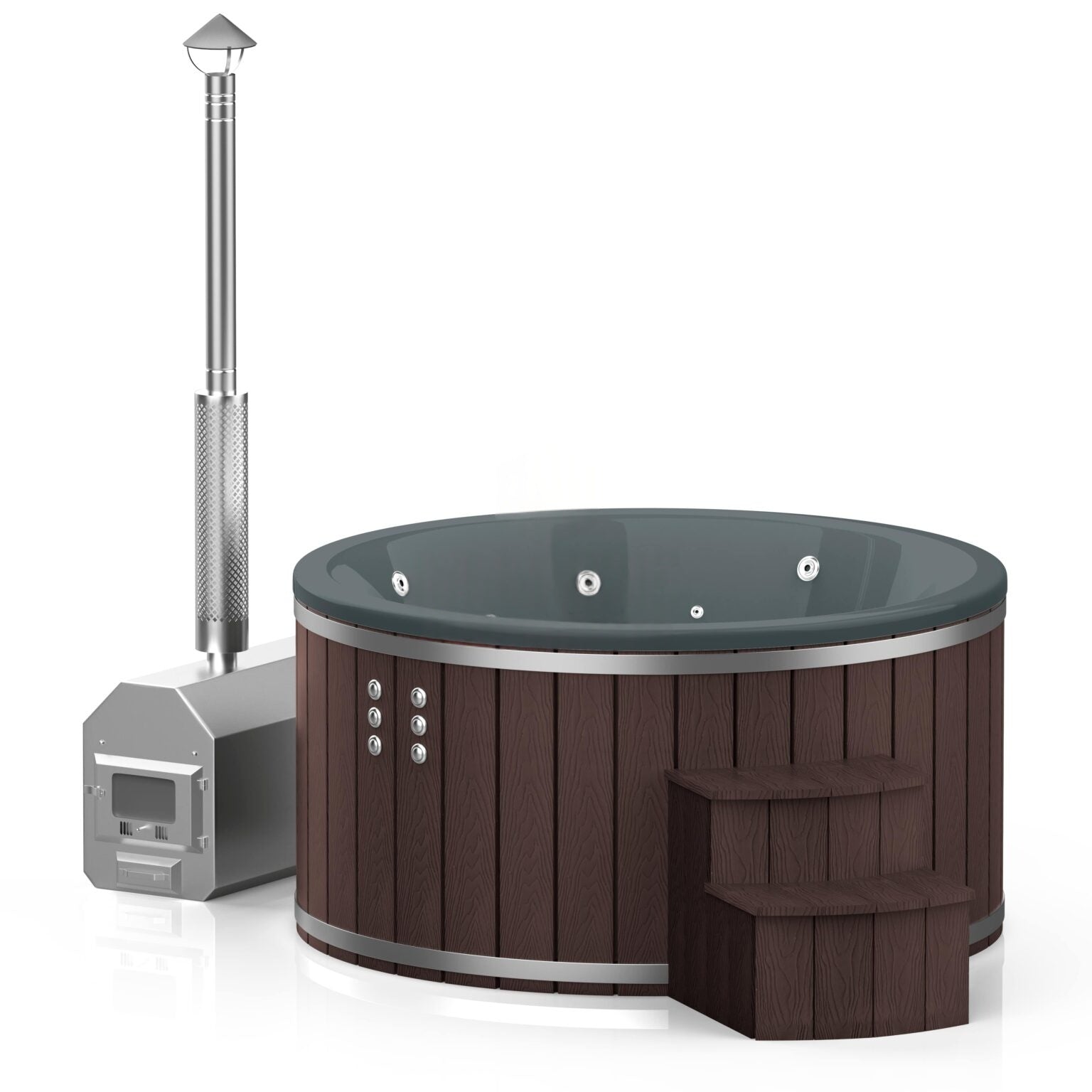 Runder Whirlpool aus Fiberglas (mit Außenheizung) – Verkleidung aus WPC-Kunststoff