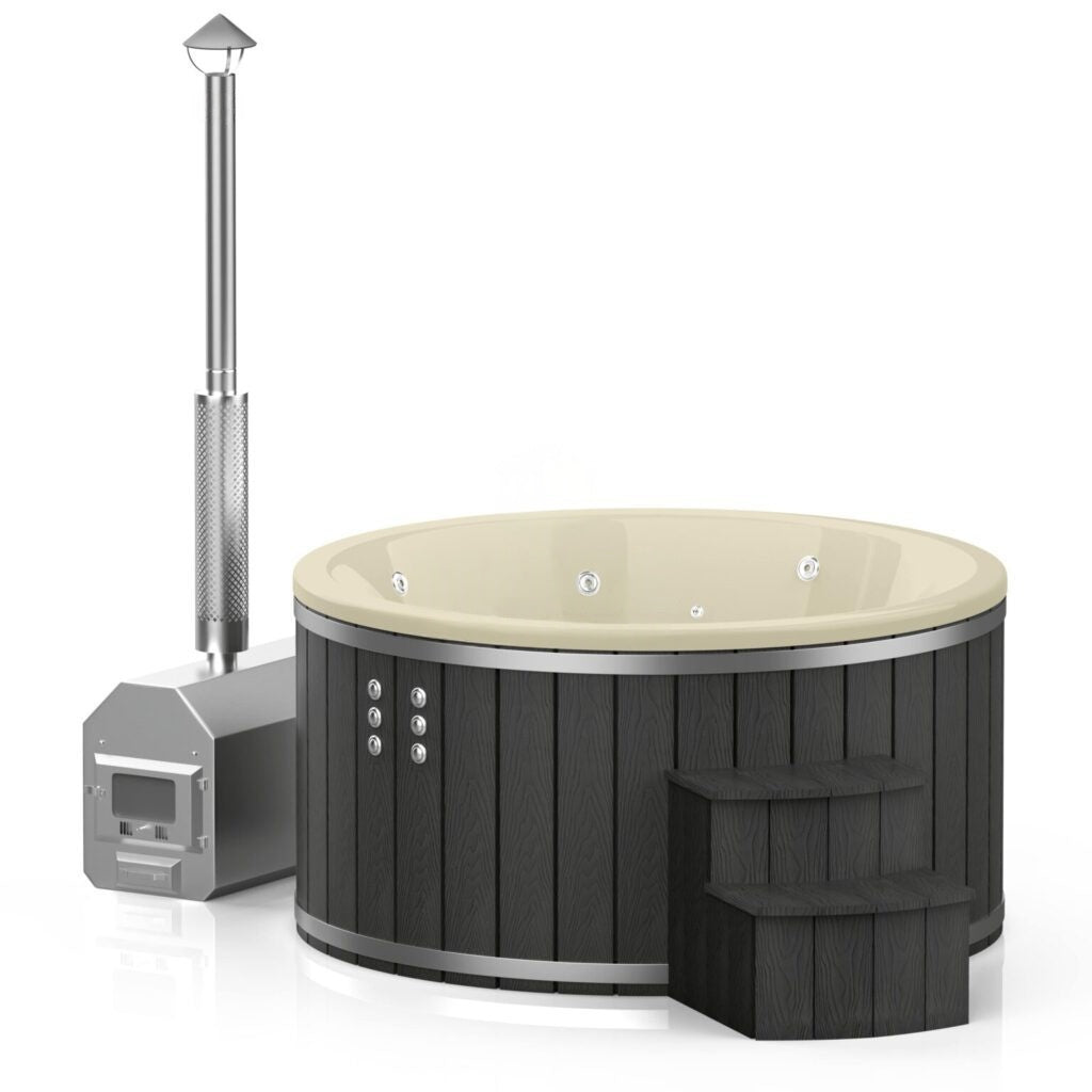Runder Whirlpool aus Fiberglas (mit Außenheizung) – Verkleidung aus WPC-Kunststoff