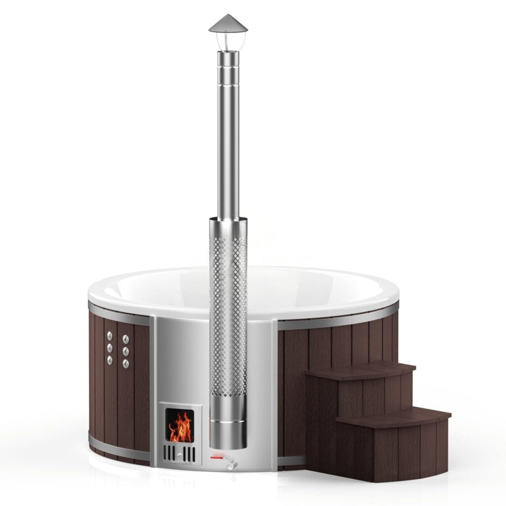 Runder Whirlpool aus Fiberglas (mit integrierter Heizung) – Verkleidung aus WPC-Kunststoff