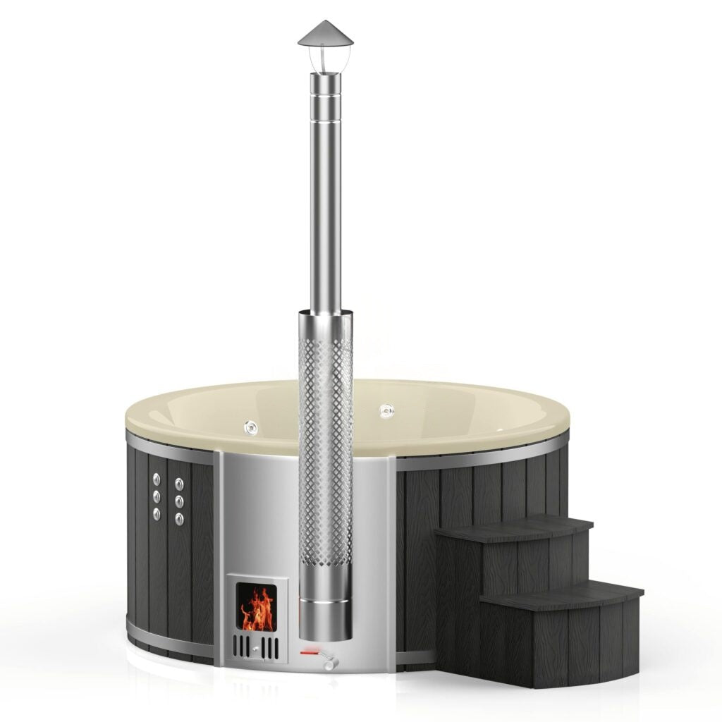 Runder Whirlpool aus Fiberglas (mit integrierter Heizung) – Verkleidung aus WPC-Kunststoff