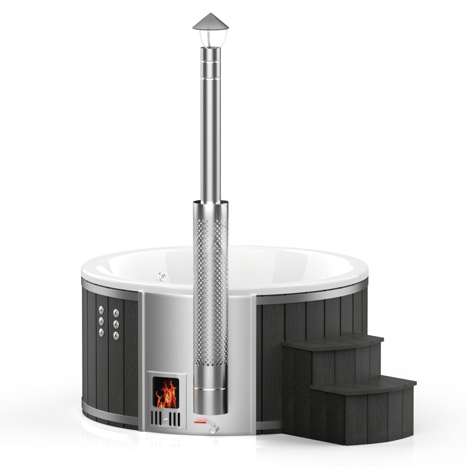 Runder Whirlpool aus Fiberglas (mit integrierter Heizung) – Verkleidung aus WPC-Kunststoff