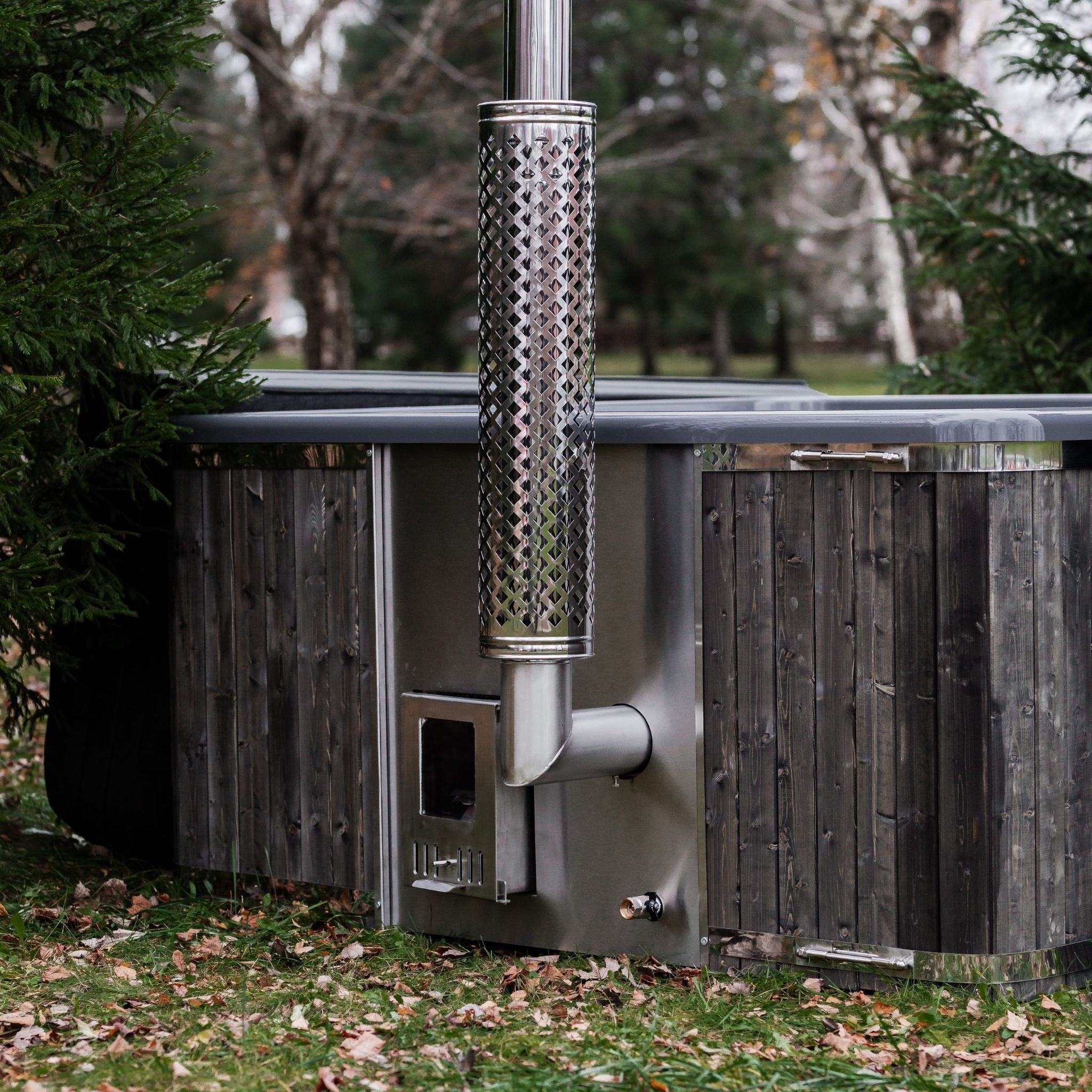 Quadratischer Whirlpool aus Fiberglas (mit integrierter Heizung), 220 × 220 mm – Holzoptik